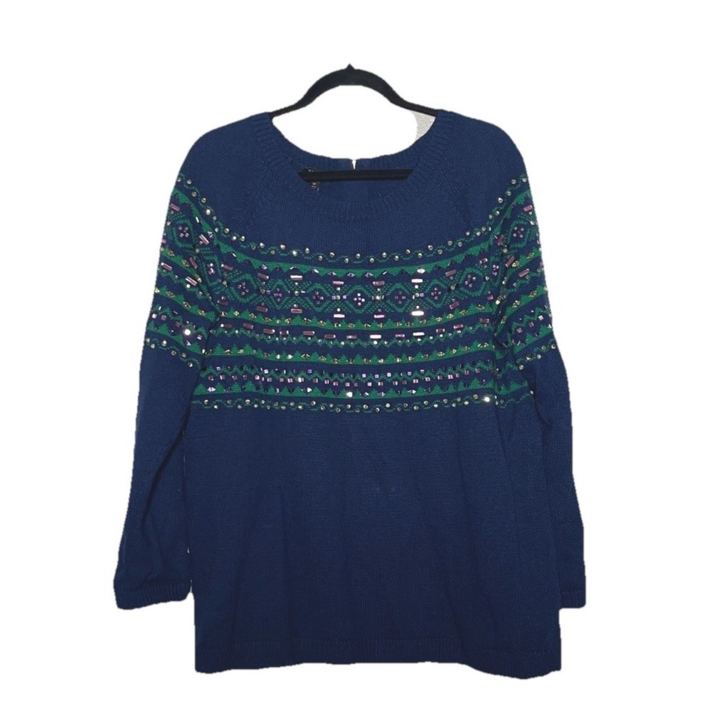 Talbots Sweater Women's 1X Blue Green Jewel Embellished Heavyweight